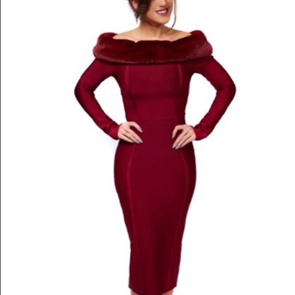 Dresses | Sexy Off The Shoulder Long Sleeve Deep Red Dress With Detachable Fur Collar | Poshmark